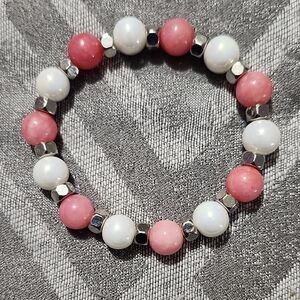 Handmade Pink Quartz and White Beaded Bracelet